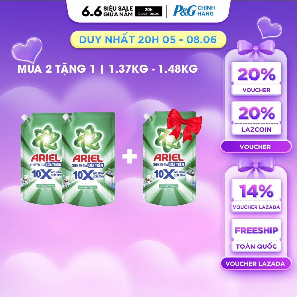 [MUA 2 TẶNG 1] Combo 3 Nước Giặt Gel ARIEL 10X Sức Mạnh Giặt Sạch Chuyên Gia Cửa Trước-Cửa Trên Hương Downy Nắng Sớm Túi1.37KG/1.48KG