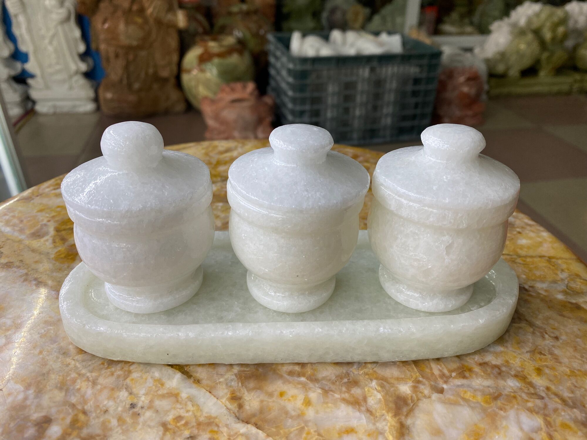 Bộ Khay 3 Ly Đá Cẩm Thạch Trắng