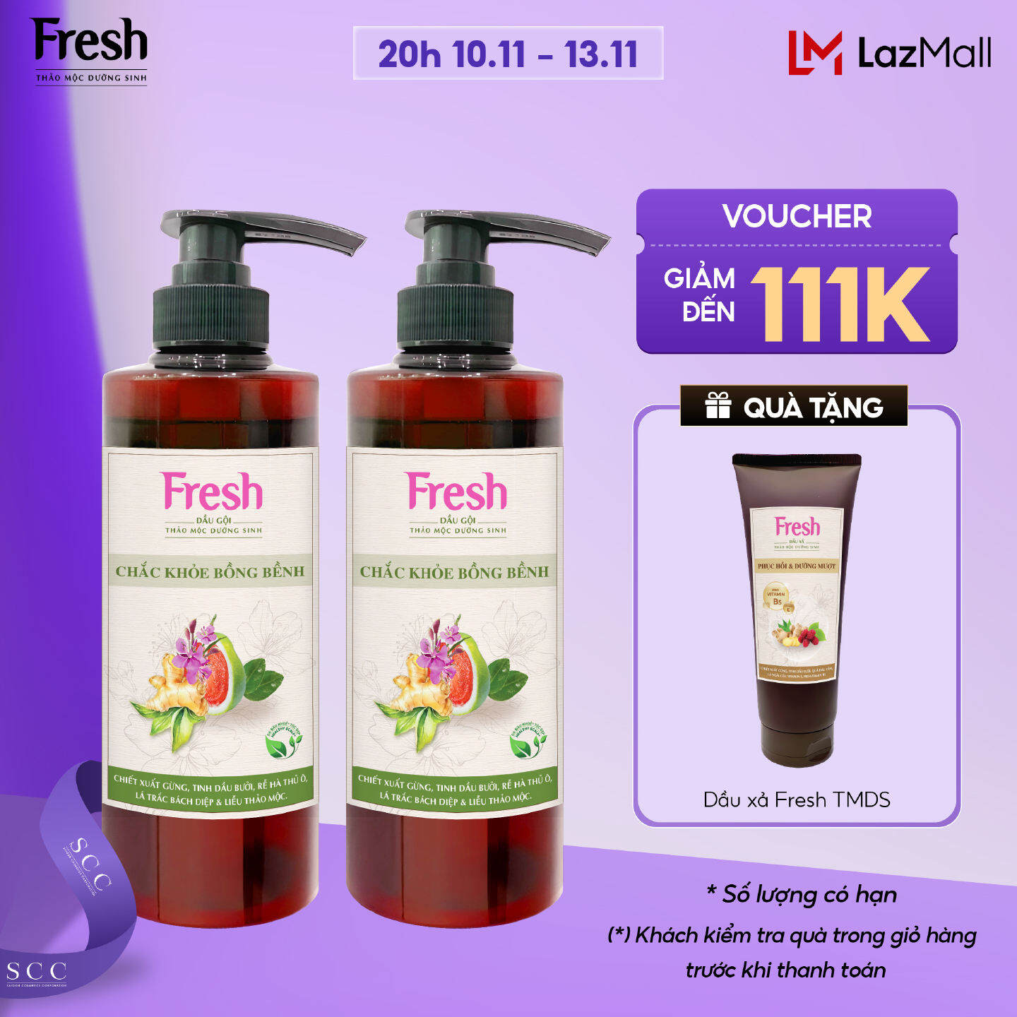 Combo 2 Dầu gội Fresh Thảo mộc dưỡng sinh Chắc khỏe bồng bềnh giúp giảm gãy rụng, dưỡng tóc chắc khỏe bồng bềnh 480g/chai