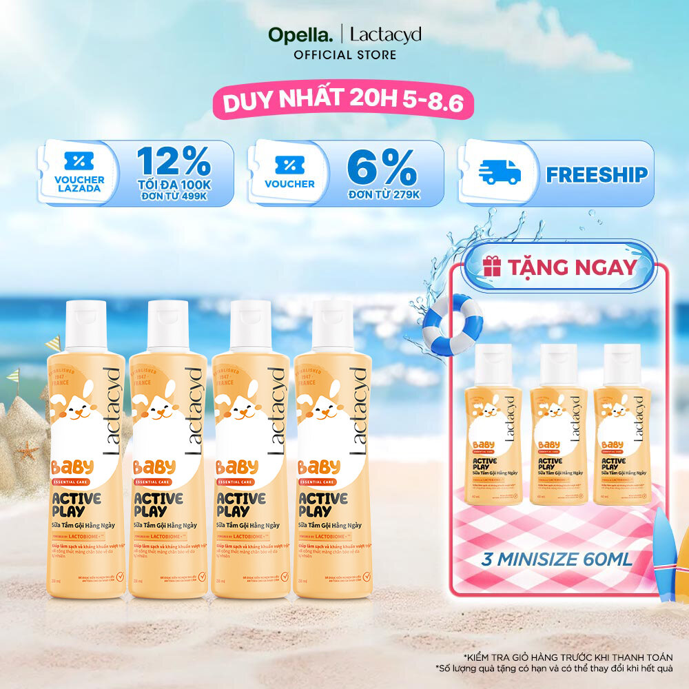 Bộ 4 Sữa Tắm Gội Hằng Ngày Cho Bé Lactacyd Baby Active Play, Giúp Đề Kháng Da Và Bảo Vệ Bé Khỏi Vi Khuẩn 250ml