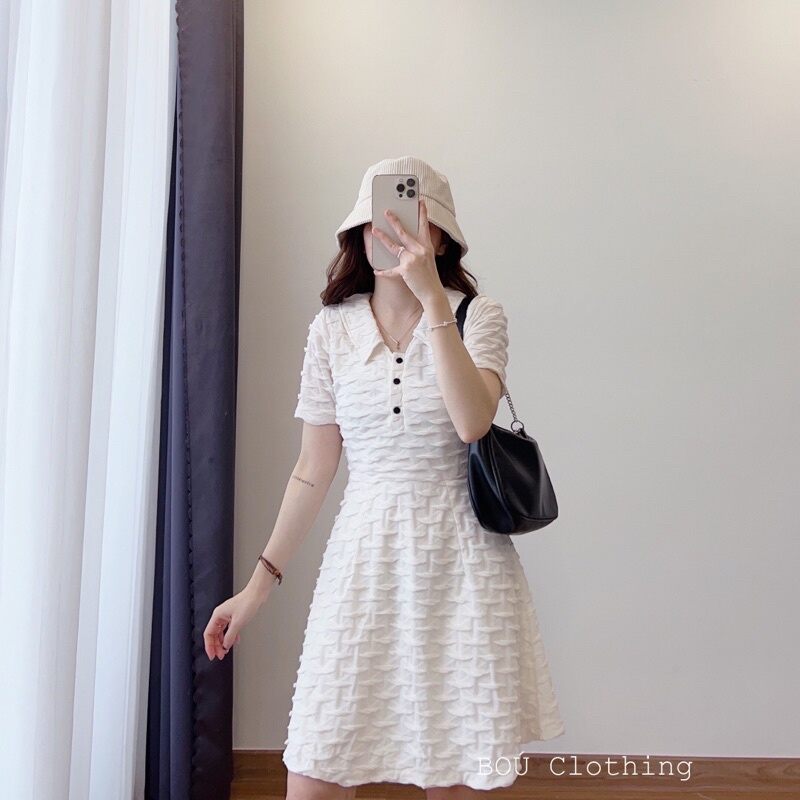 Đầm xòe vân nổi cô sơ mi sành điệu nữ tính tôn dáng