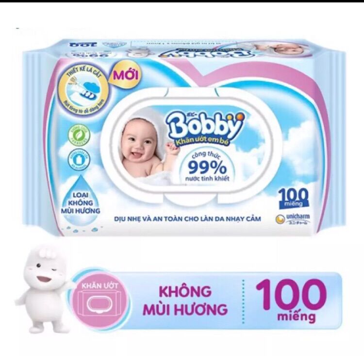 Khăn bobby không mùi 100 miếng