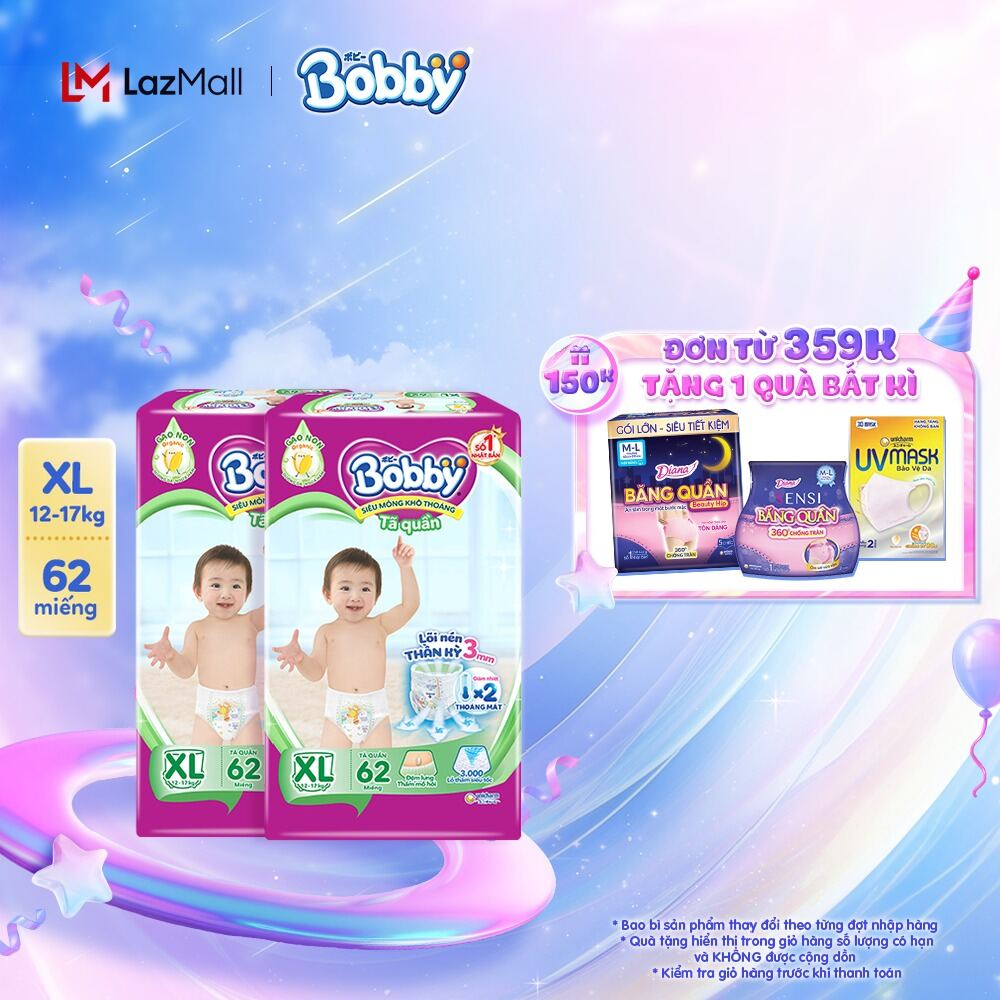 Combo 2 gói Tã quần Bobby Lõi nén thần kỳ 3mm XL62 - 62 miếng [Bao bì thay đổi theo từng đợt nhập hà