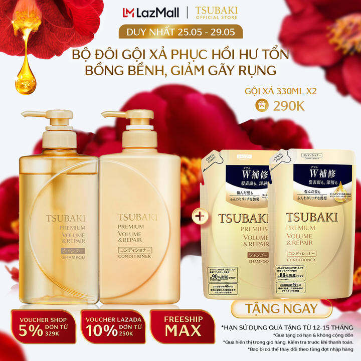 Bộ đôi Gội xả Phục hồi hư tổn ngăn rụng tóc Tsubaki Premium Repair 490mlx2