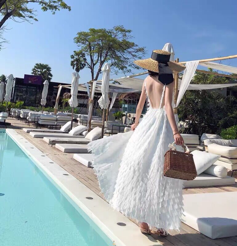 Sẵn - Váy Maxi Dài Lông Vũ Trắng Siêu Sang