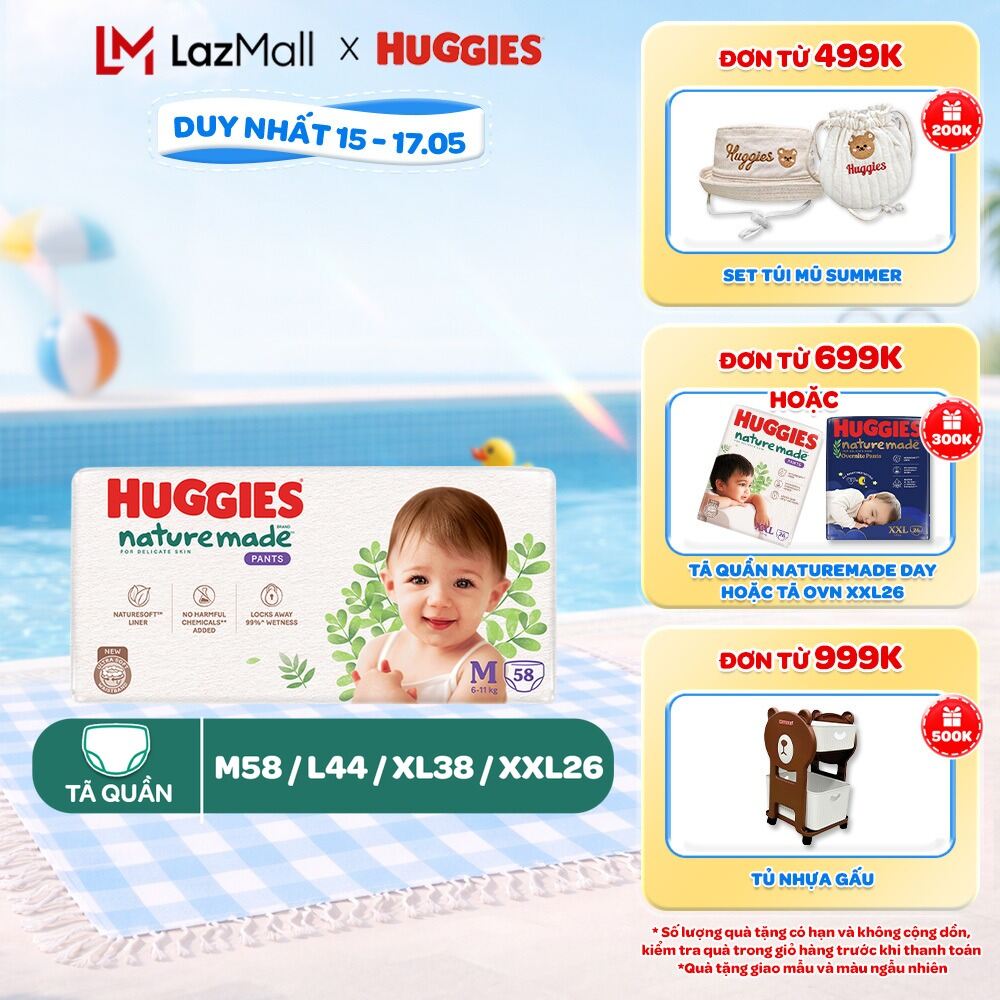 Tã/Bỉm quần Huggies NatureMade M58/ L44/ XL38/ XXL26/ XXXL28