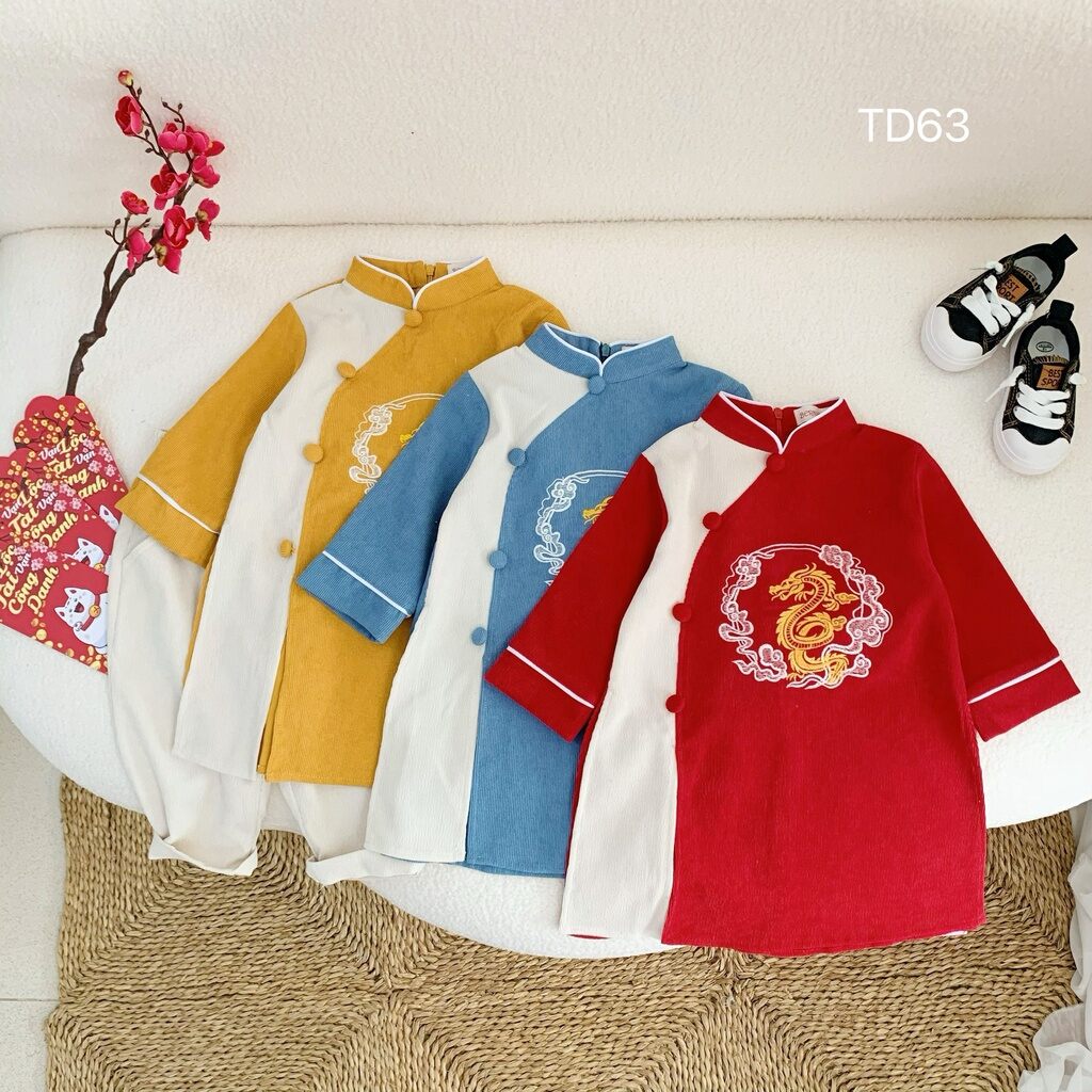 Áo dài cách tân bé trai thêu hình Lân - A07