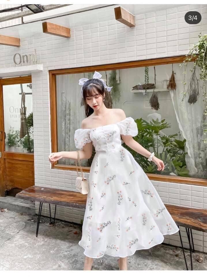 Đầm Hoa Oganza Tay Bồng Dáng Dài Tiểu Thư