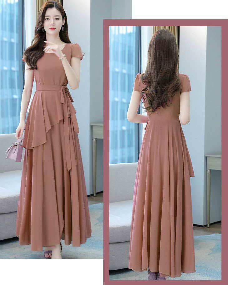 Đầm xoè tay con phối tà xéo thắt dây eo