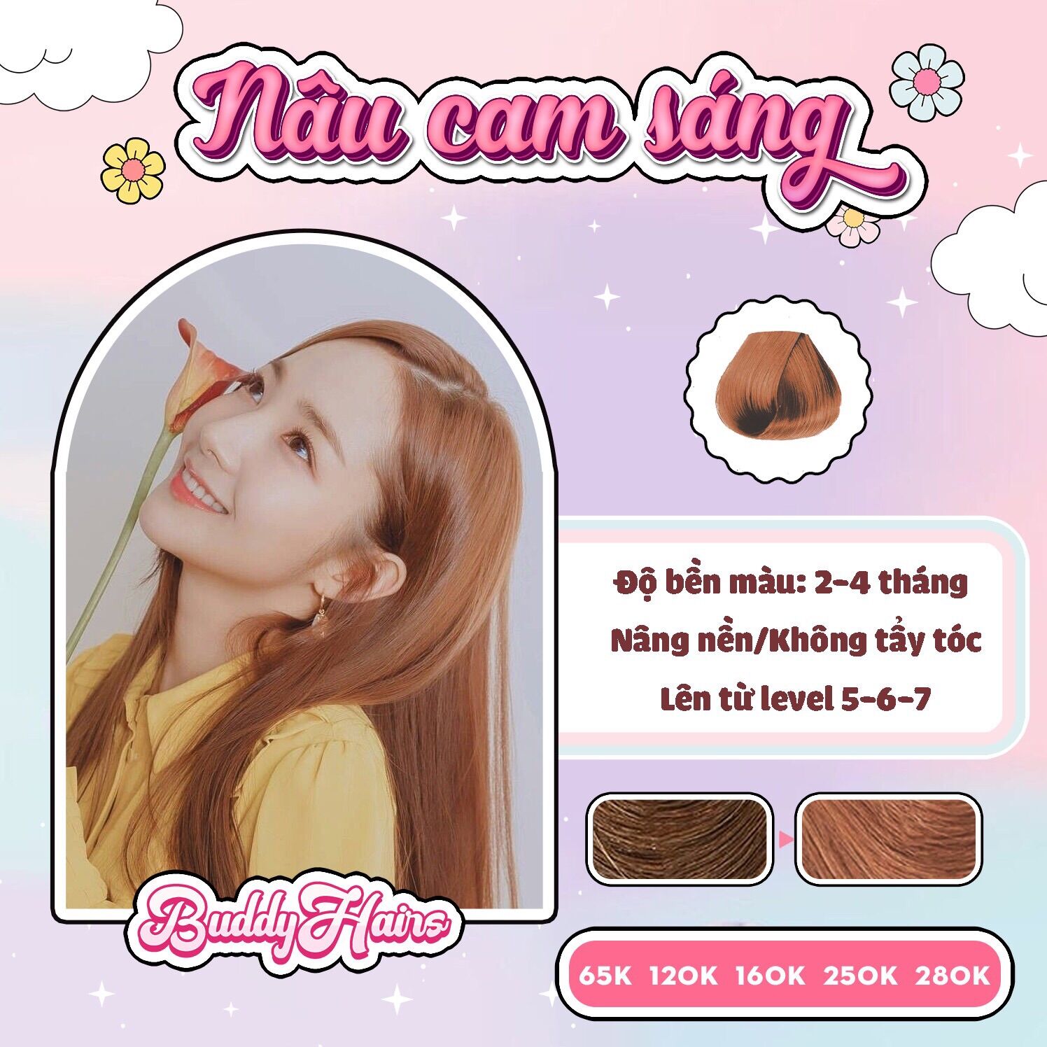 Thuốc nhuộm tóc không cần tẩy Nâu cam sáng độc quyền Buddyhairs - Tặng kèm trợ nhuộm găng tay mũ trùm.