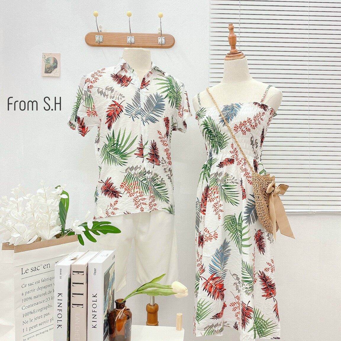 Set đi biển, set đôi hoa quả, Áo, váy bộ đôi đi biển chất tơ đũi mẫu chun ngực