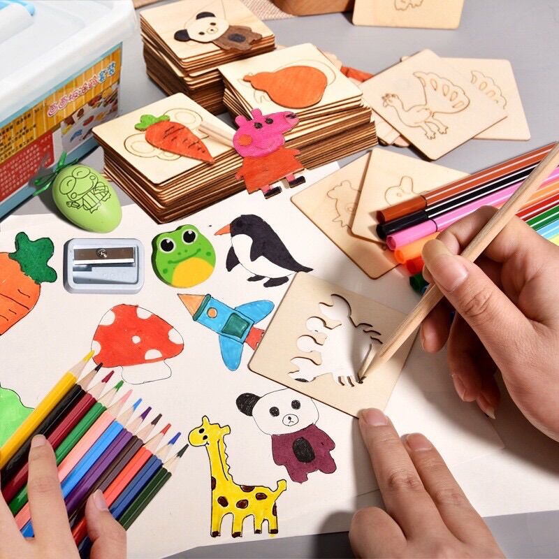 Bộ khuôn vẽ bằng gỗ cho bé tập vẽ tập tô nhiều hình kèm đầy đủ phụ kiện