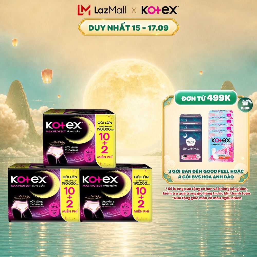 Combo 3 Băng Vệ Sinh Dạng Quần Kotex Ban Đêm Cỡ M/L (10+2) Miếng/Gói