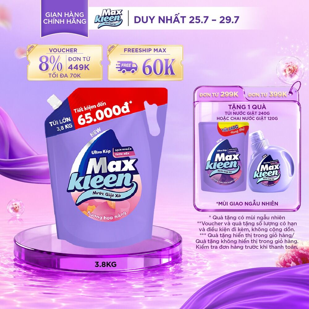 Túi Nước Giặt Xả MaxKleen 3.8kg/ 3.6kg (Huyền Diệu/ Hoa Nắng/ Vườn Sớm Mai/ Thiên Nhiên)