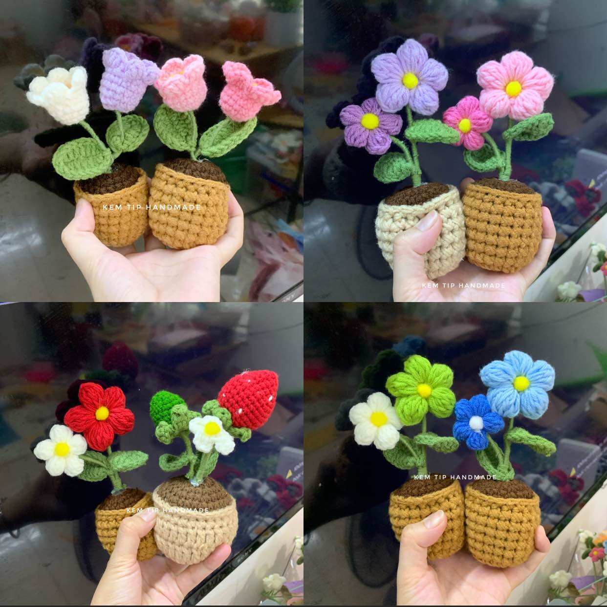 Chậu hoa mini bằng len nhiều màu có sẵn