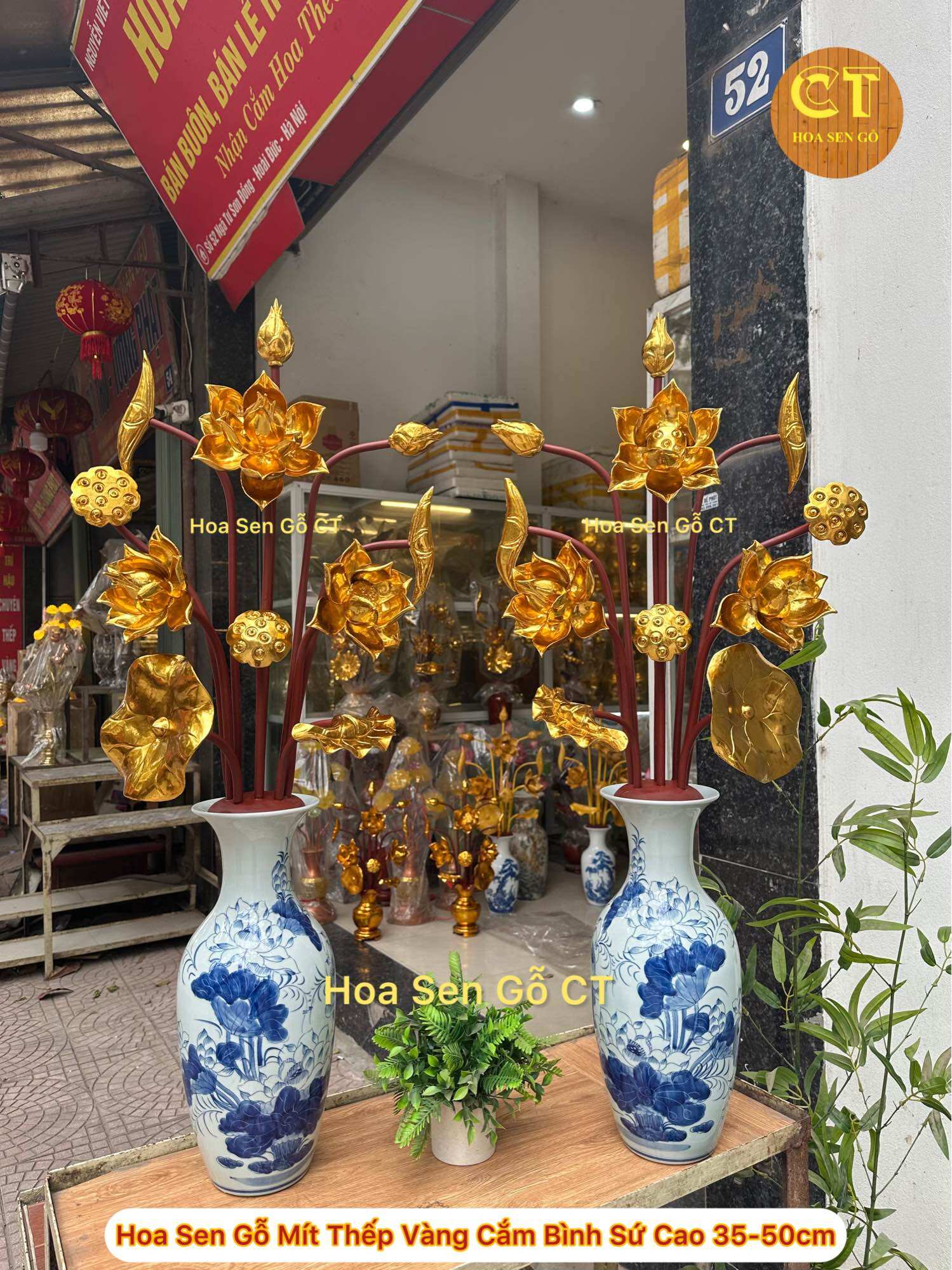 Hoa Sen Gỗ Mít Sơn Thếp Vàng Cỡ Trung, Cắm Bình Sứ Cao 35-50cm