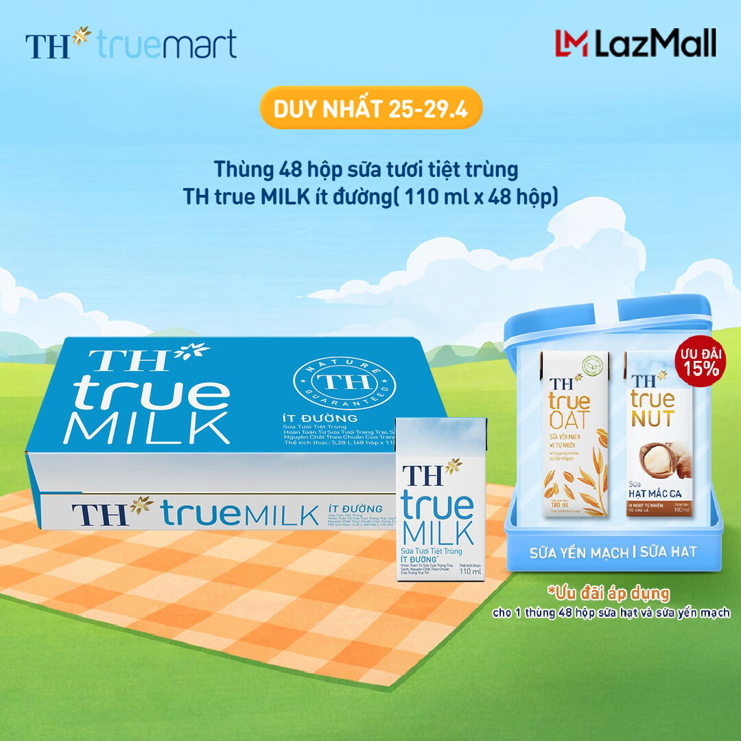 Thùng 48 hộp sữa tươi tiệt trùng TH true MILK ít đường 110 ml (110 ml x 48)
