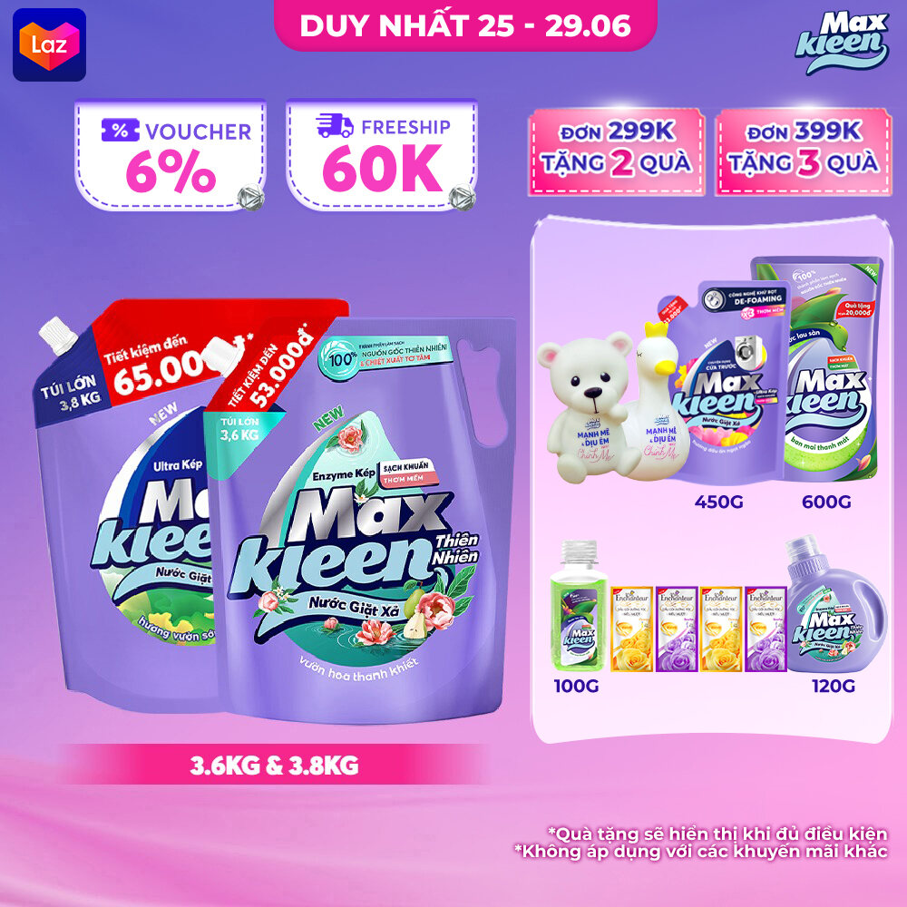 Combo Túi Nước Giặt Xả MaxKleen Thiên Nhiên 3.6kg & Túi 3.8kg (Hoa Nắng/ Huyền Diệu/Vườn Sớm Mai)
