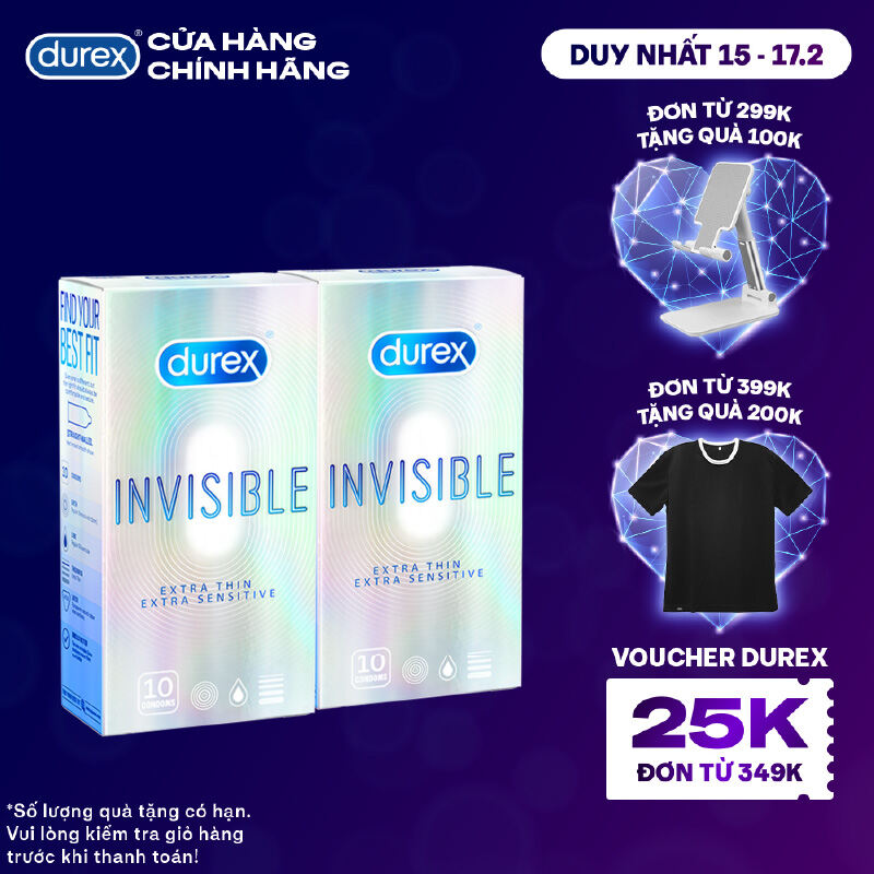 Bộ 2 hộp bao cao su Durex Invisible siêu mỏng, size 52mm, 10 bao/hộp