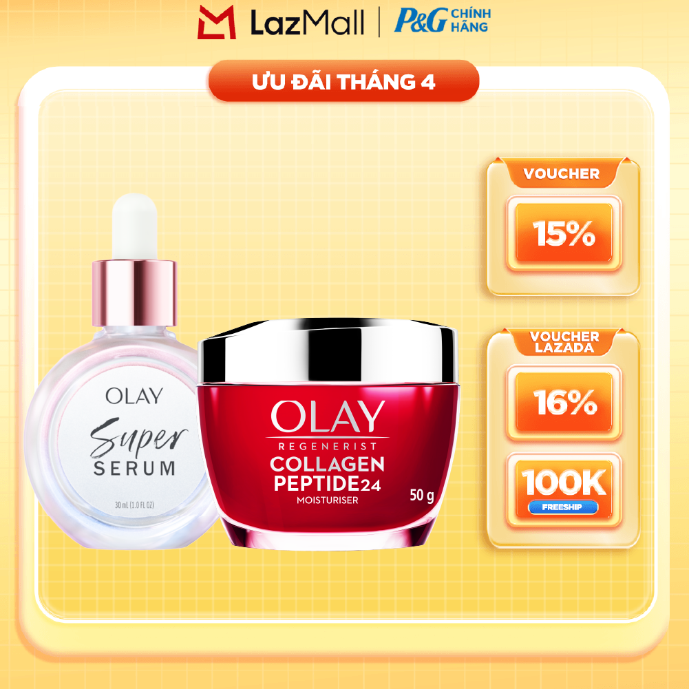 Combo 2 SUPER SERUM OLAY SỨC MẠNH TỪ 5 DƯỠNG CHẤT TRONG 1 - Chai 30ML Và Kem Dưỡng Ẩm OLAY COLLAGEN Peptide24 50G