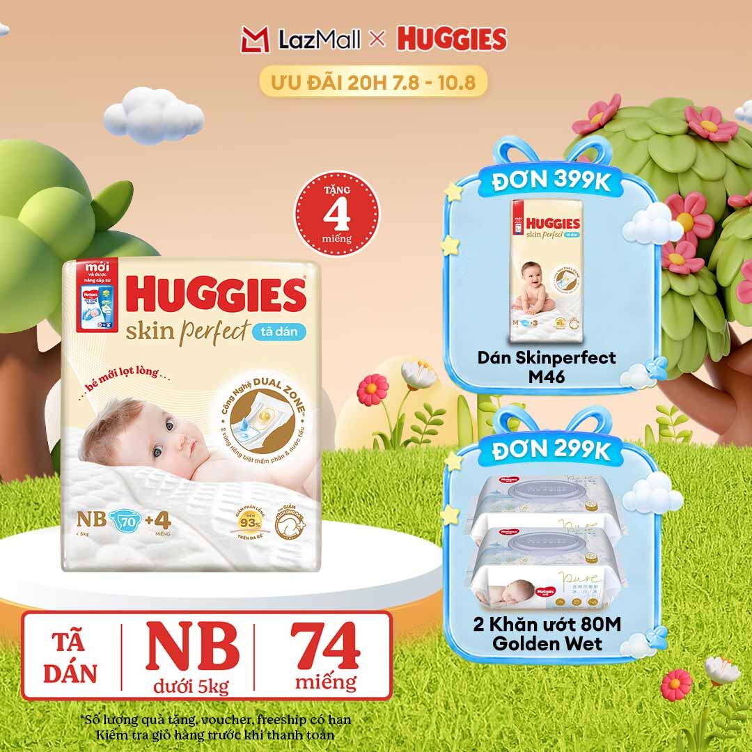 [20h 7-10.8 QUÀ TẶNG ĐƠN 0Đ] Tã/bỉm dán sơ sinh Huggies Skin Perfect NB70 với 2 vùng thấm giảm kích ứng da (tặng miếng thay đổi theo từng đợt)
