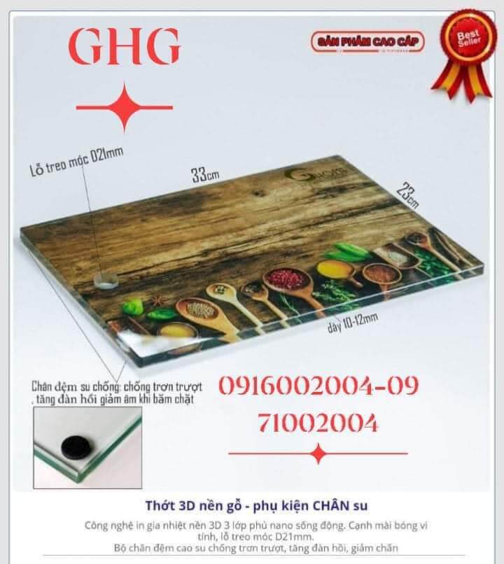 thớt kính cường lực cao cấp: kích thước:  23x33cm, dày: 10mm, nặng khoảng 1,7kg, hoạ tiết: vân 3D nền gỗ