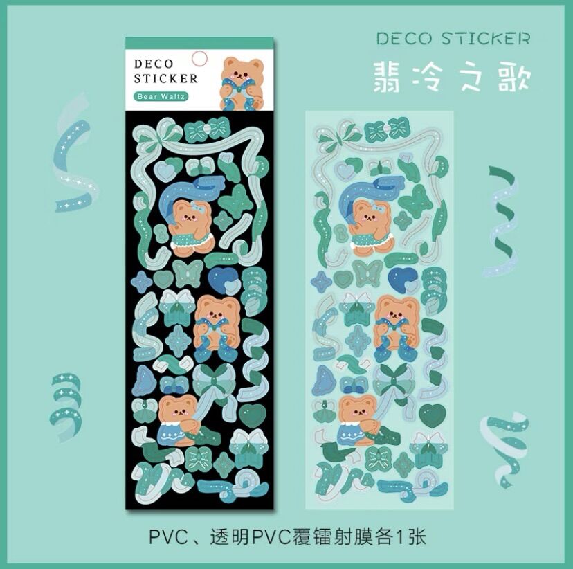 Set 2 tấm sticker ruy băng gấu béo lấp lánh