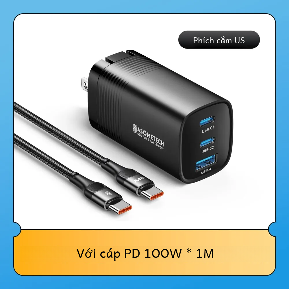 Asometech gan usb type c sạc nhanh 65w/45w pps pd qc4.0 sạc nhanh 2 cổng cho macbook laptop ipad máy tính bảng iphone 14 samsung s23 ultra