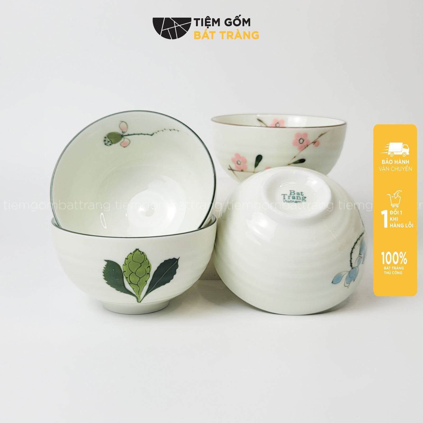 Bộ 6 bát ăn cơm Chén bát sứ men kem hoạ tiết sen xanh hàng cao cấp chuẩn Bát Tràng