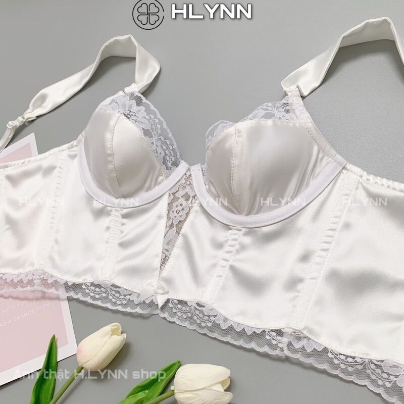 M155Áo corset hai dây lụa bóng phối ren có gọng mút