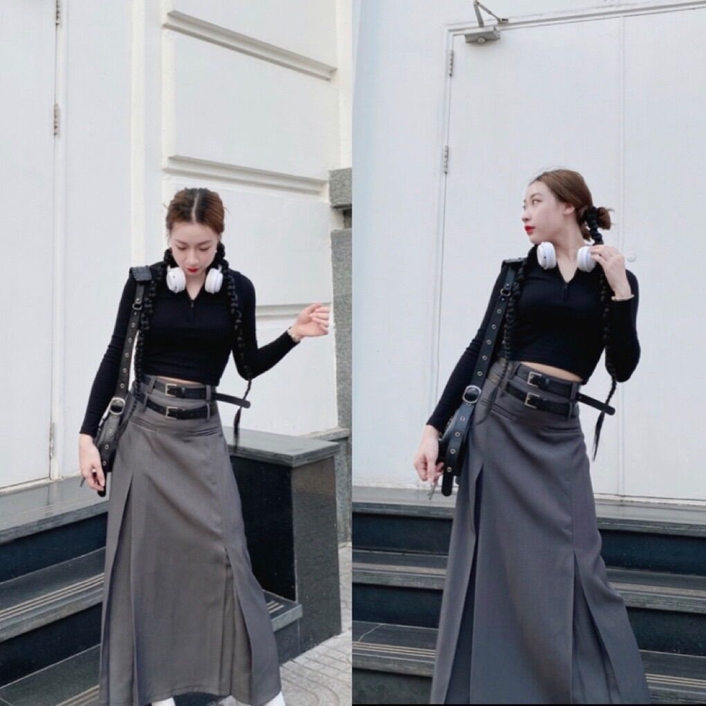Chân váy ulzzang dáng dài xếp ly 2 thắt lưng chất dày dặn, chân váy dáng dài cá tính 2 thắt lưng hottrend
