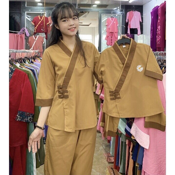 Đồ Lam Đi Chùa ❤️ Đồ Bộ Xéo 3 Nút