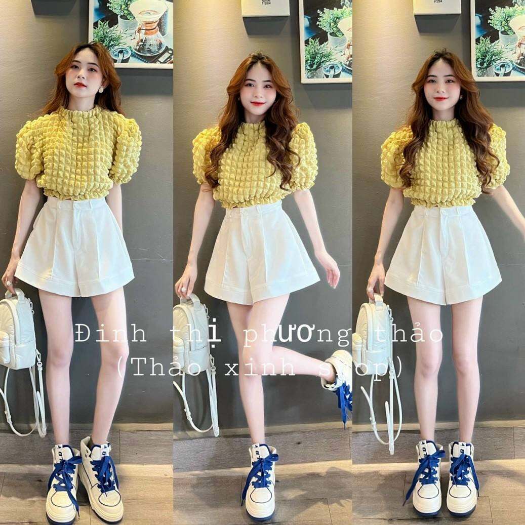 sét Bộ áo xốp Chỉ tay phồng phối hợp quần short trẻ trung năng động