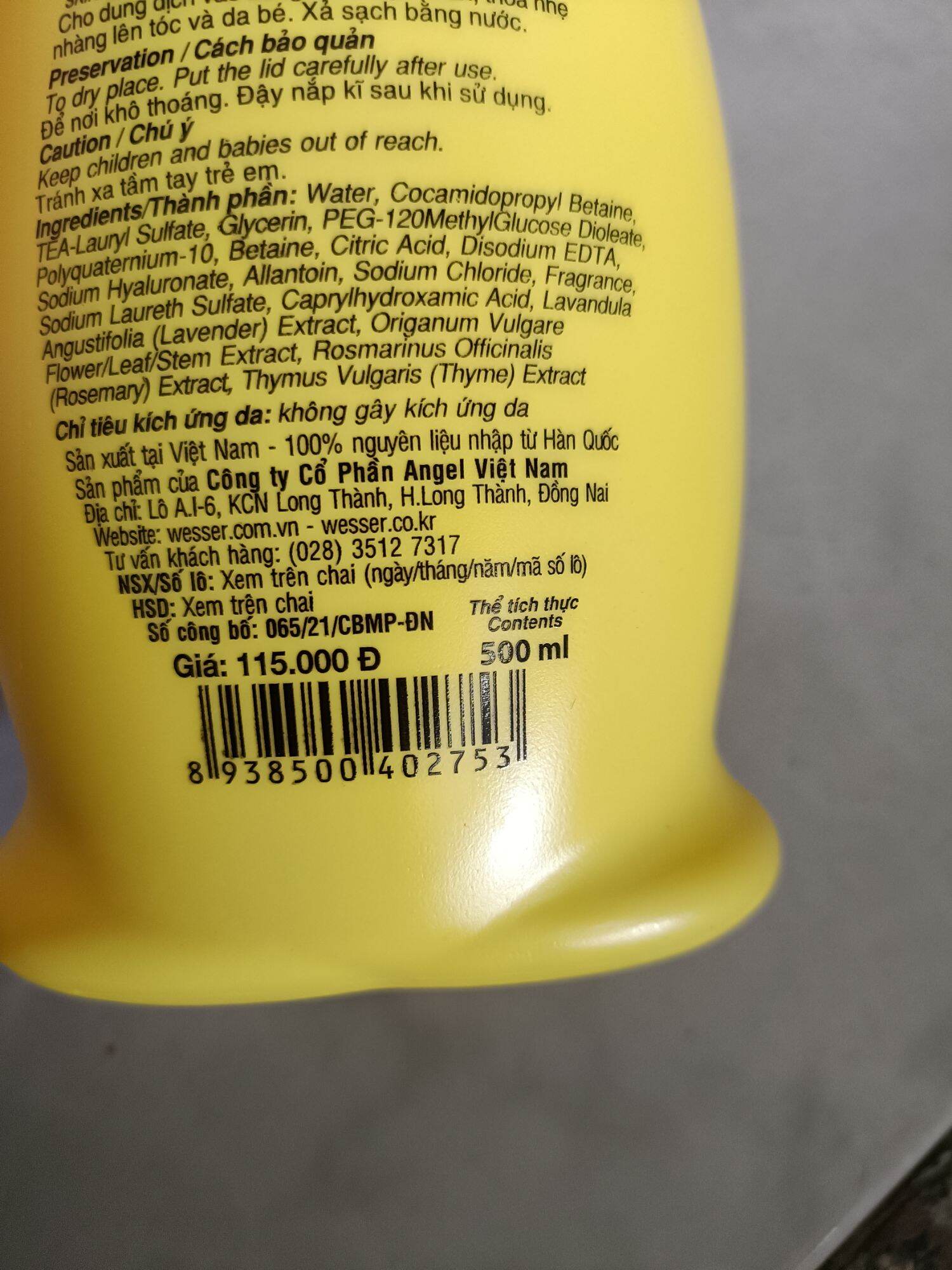 Sữa tắm gội cho bé Wesser 2in1 500ml.