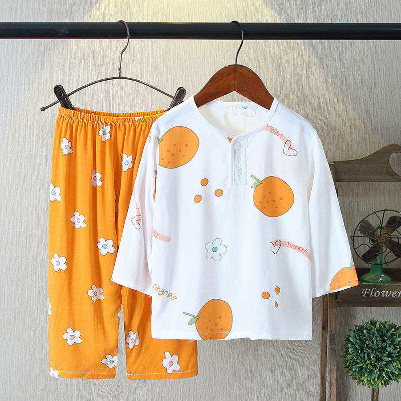 Đồ Ngủ Trẻ Em Lụa Cotton Mùa Hè Bộ Đồ Bé Trai Bộ Đồ Mặc Nhà Điều Hòa Bé Gái Mỏng Tay Dài Lụa Thô Bé Gái Em Bé