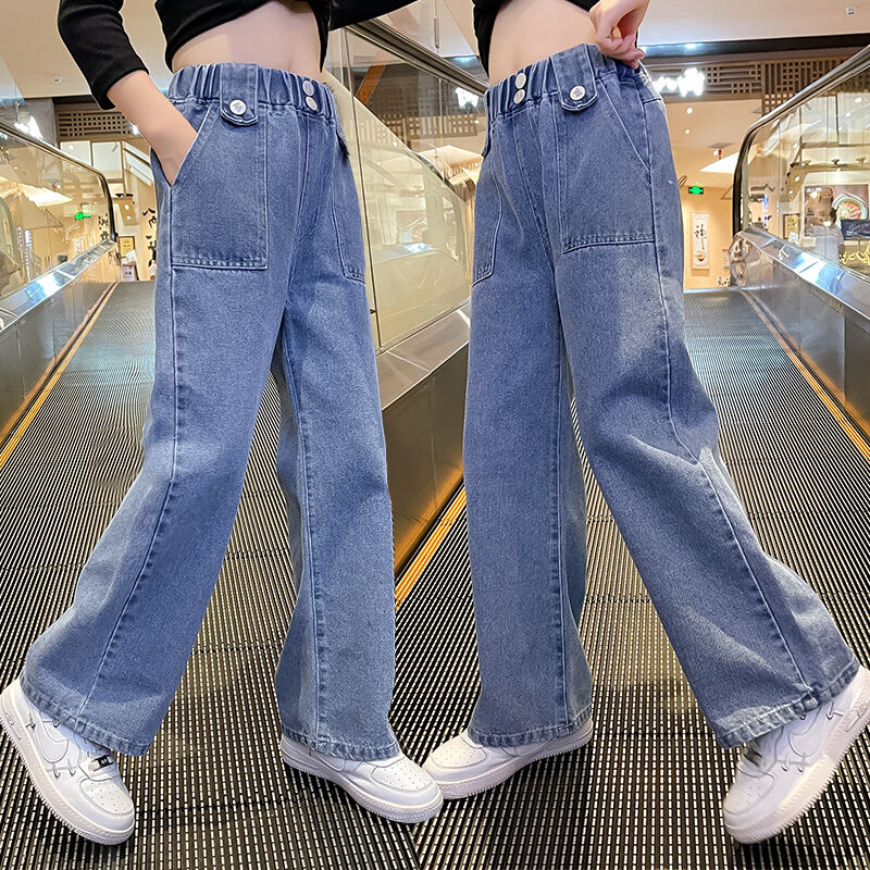 Quần Jeans Ống Rộng Cho Bé Gái Mùa Thu Quần Dài Thường Ngày Dáng Thẳng Cạp Trung Quần Dài Cho Trẻ Em Cỡ Lớn
