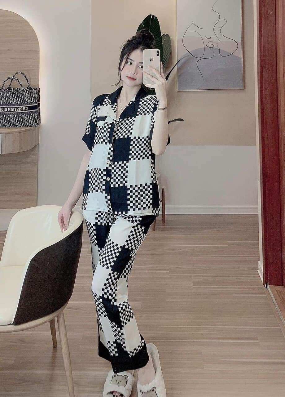 Bộ ngủ ,đồ ngủ pijama cổ sen tay cộc kate , Bộ Pijama Tay cộc - Quần Dài, bộ đồ ngủ