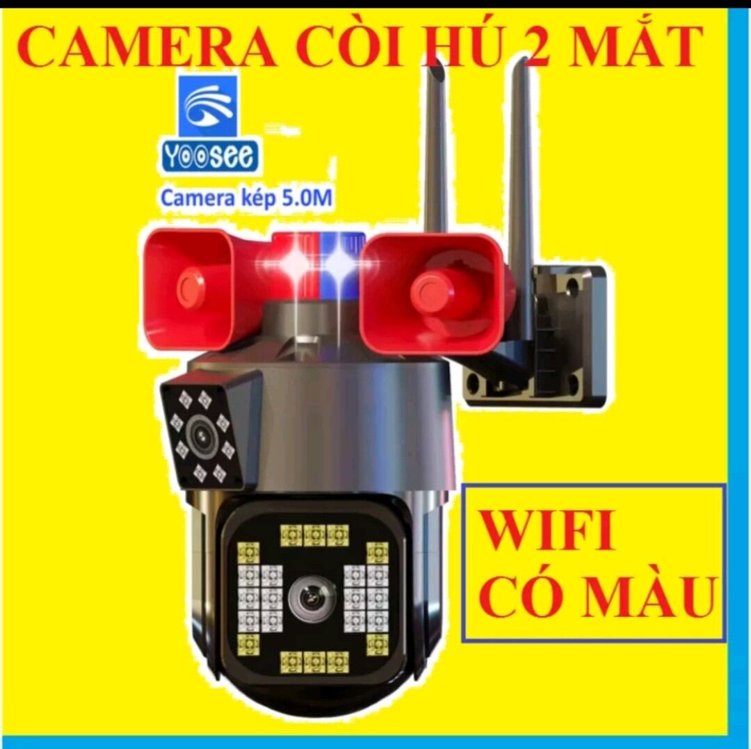Yoosee wifi 2 mắt còi hú + đèn báo động ,ban đêm có màu ,có hú còi báo động Loa