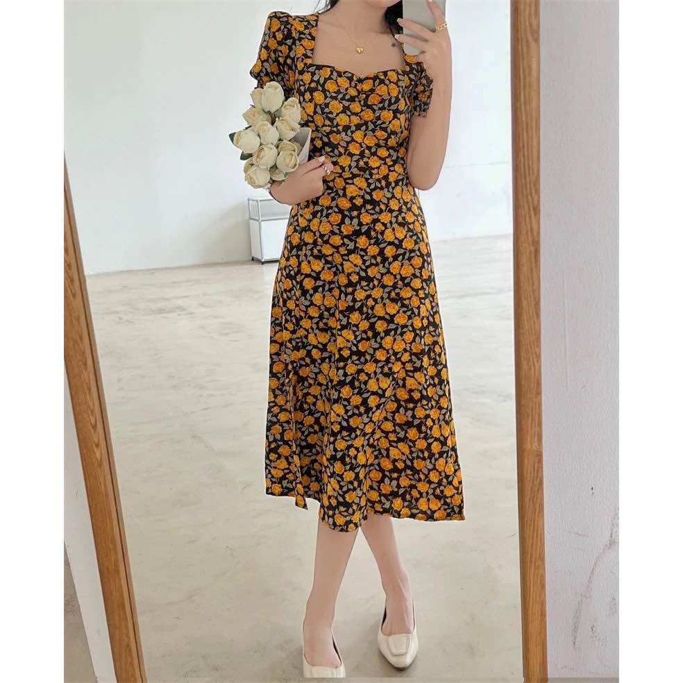 2m vải lụa mango hoa nhí vàng mềm mịn mát co giãn khổ 1m5(59)