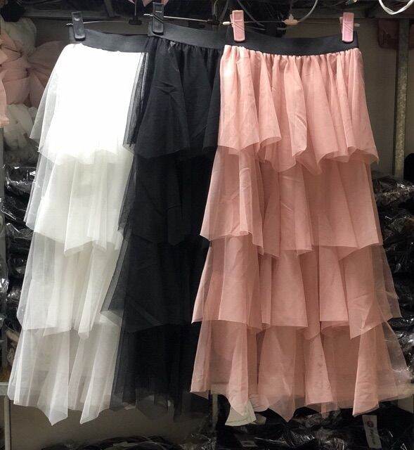 Chân váy maxi chân váy nữ vải lưới chân váy 4 tầng váy lưng thun form 53kg