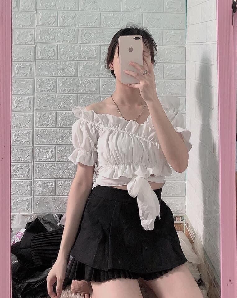 Áo voan trễ vai cột nơ