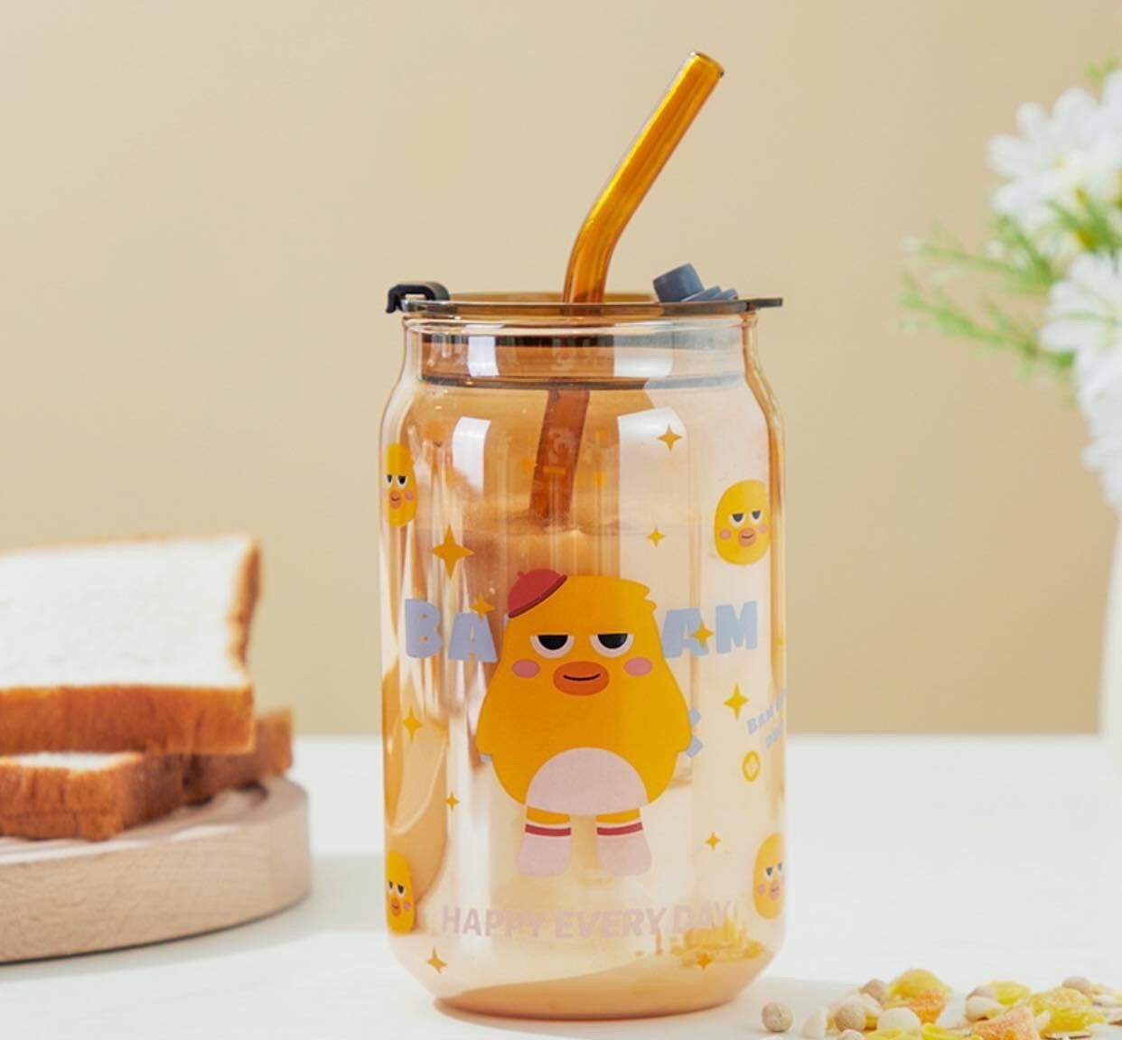 Ly thủy tinh có nắp kèm ống hút
