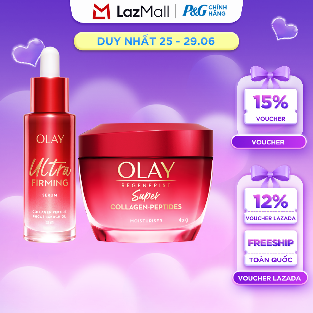 COMBO KEM DƯỠNG ẨM OLAY SUPER COLLAGEN PEPTIDES 45G  SERUM OLAY ULTRA FIRMING 30ML - GIÚP DA SĂN CHẮC  MỊN MÀNG HƠN TỪ NGÀY ĐẦU TIÊN!