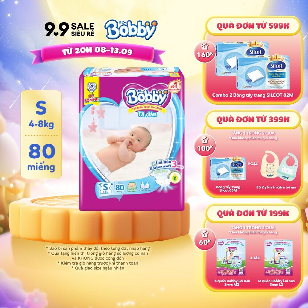 Tã dán Bobby siêu thấm - khô thoáng S80