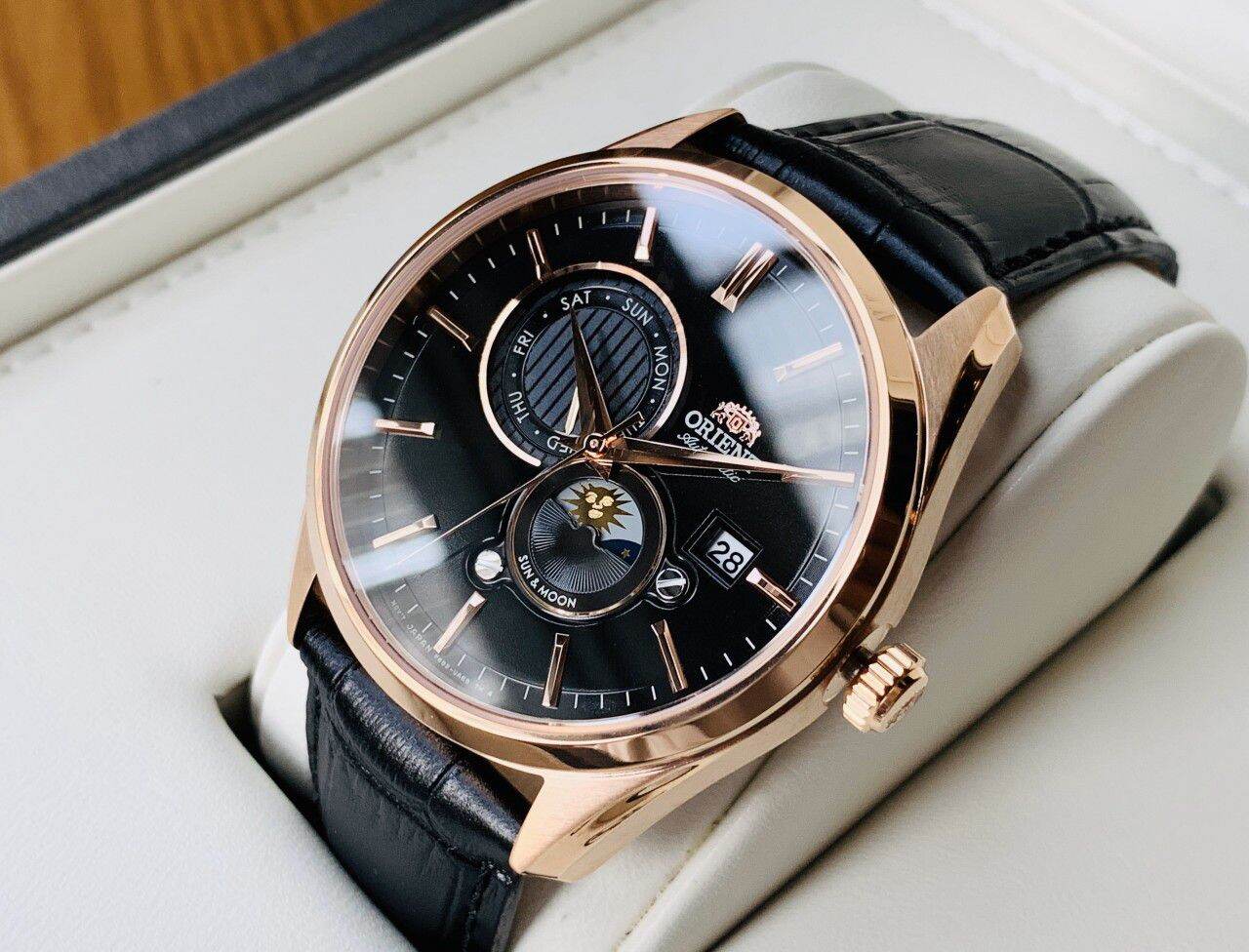 Orient sun & moon gen 5 black rose gold leather - ra-ak0304b00c - made in japan