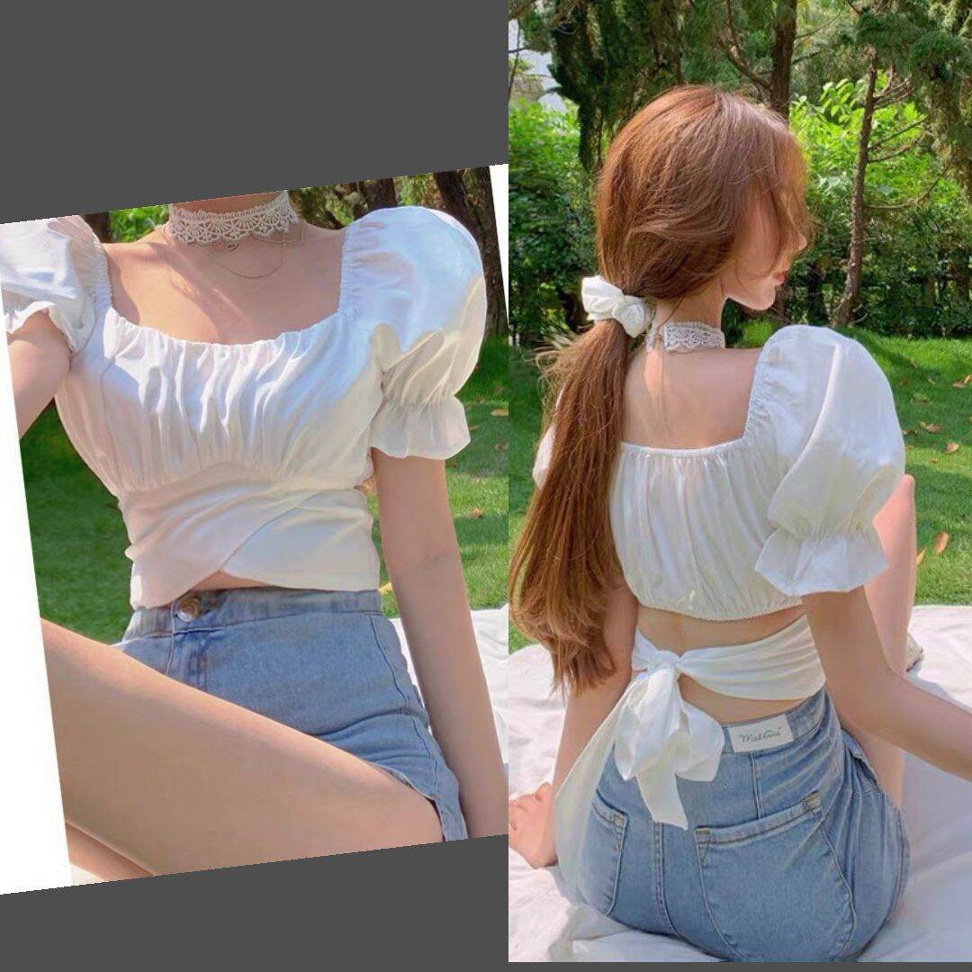 Áo Tay Phồng Dây Cột Eo Croptop