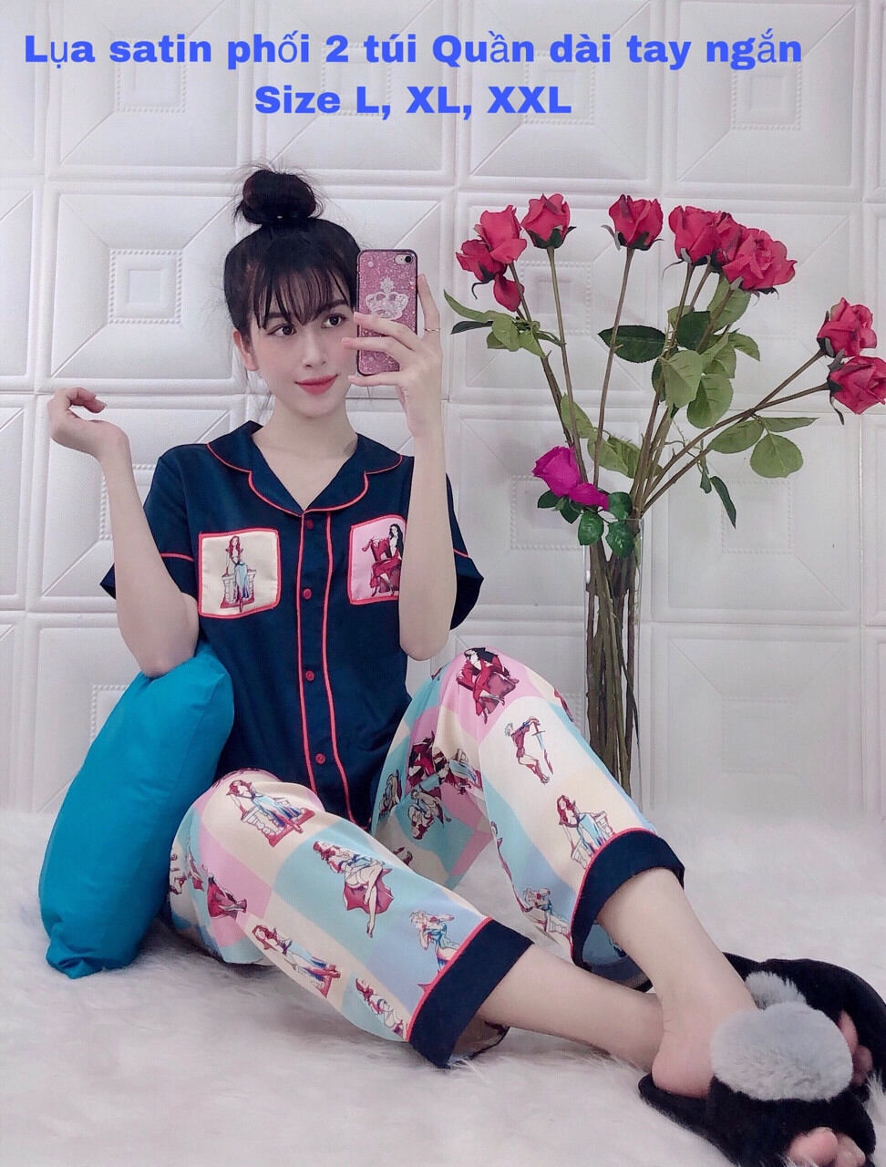 Bộ Lụa Satin Phối QDTN Xinh Xắn