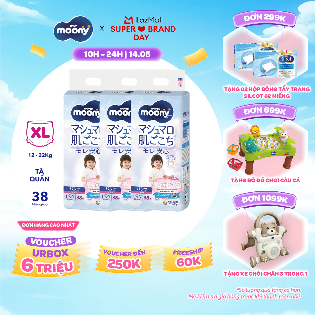 [SALE GIỮA THÁNG tặng QUÀ TO-SLCH] Combo 3 tã quần cao cấp Moony Bé Gái XL38 miếng - Nhập khẩu từ Nhật Bản