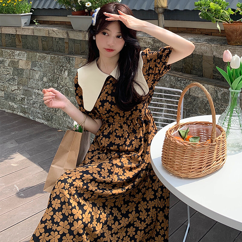Váy liền cổ búp bê cổ điển kiểu pháp mùa hè thời trang váy dài quý cô khí chất hoa nhỏ eo cao rộng rãi tay bồng nữ