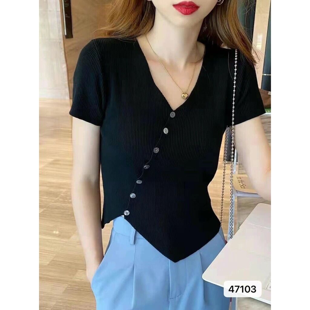 Áo nữ kiểu len thun vạt xéo có nút phong cách Hàn Quốc